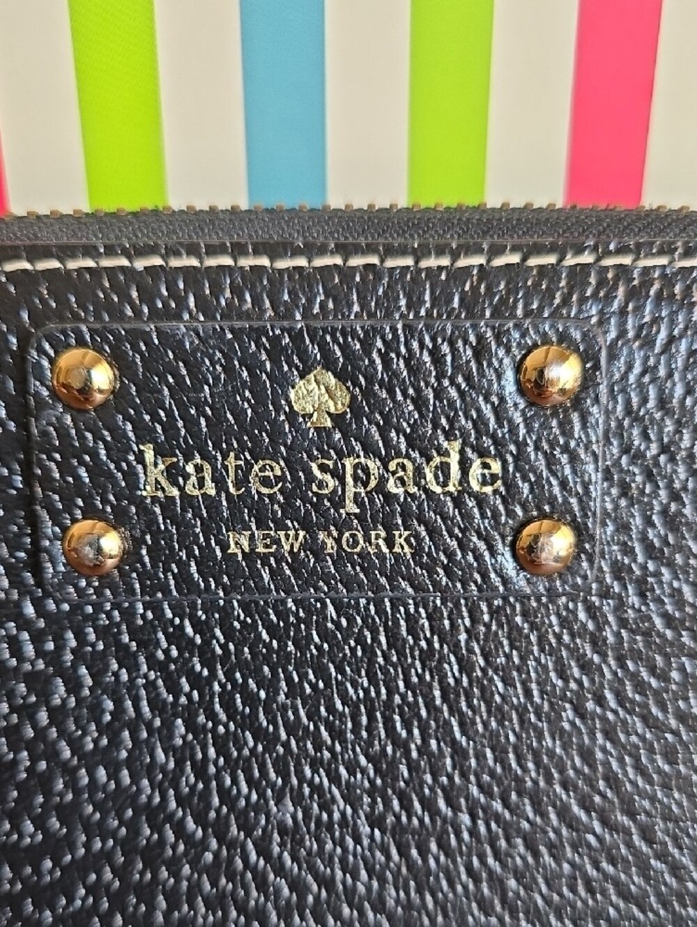 kate spade Black Pebbled Leather Zip Around Wallet with Gold Studs - Picture 2 of 16